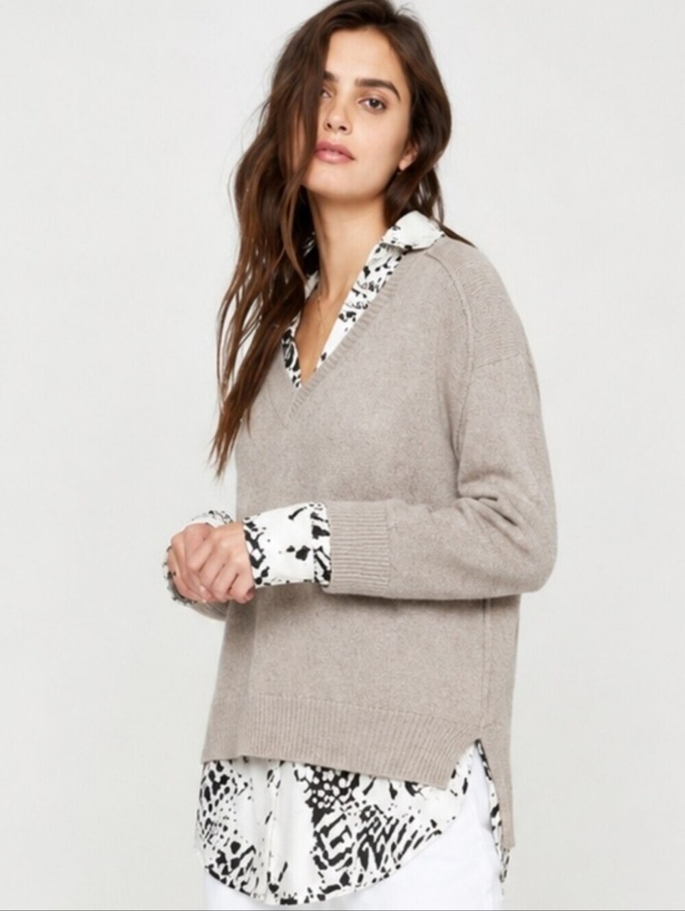 Brochu Walker Looker Cashmere Wool Layered V-Neck Oversize Sweater FLAWS size S